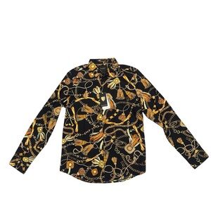 Men’s Long Sleeve Black Button Down Shirt - Gold Accents Large
